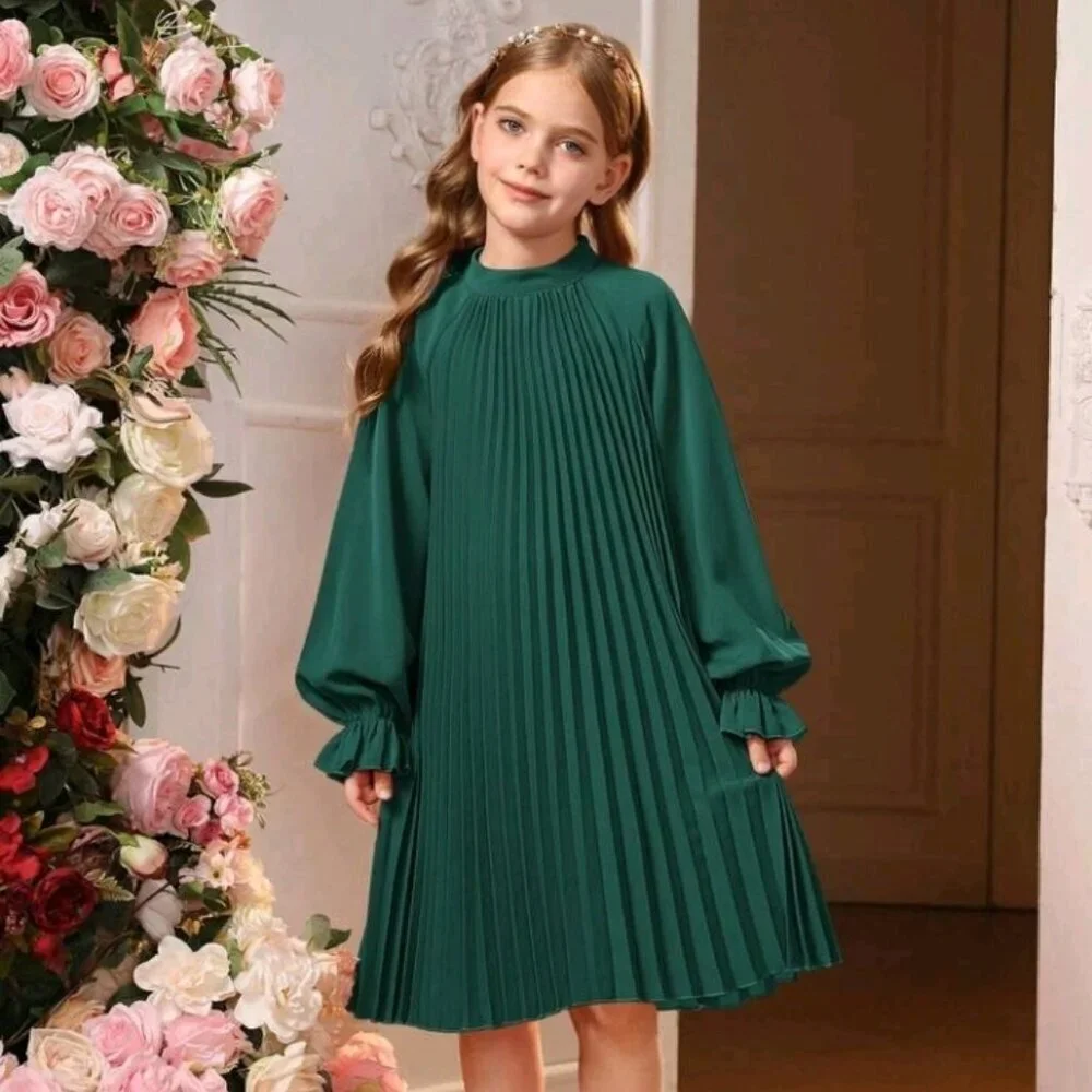 Flare Sleeve Back Tie Pleated Dress